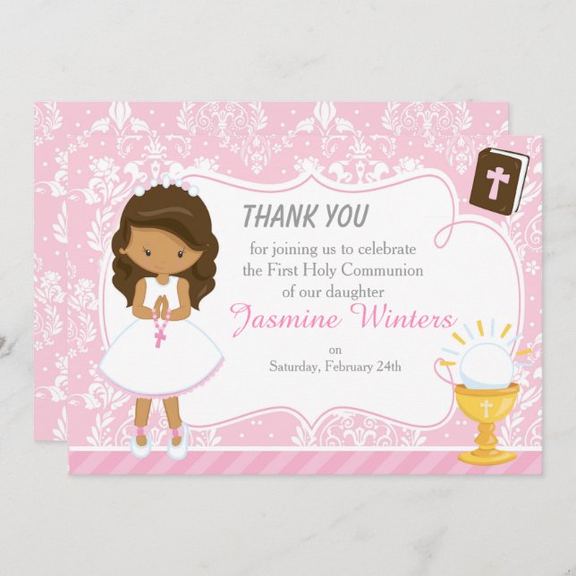 African American Girl First Communion Damask Thank You Card (Front/Back)
