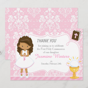 African American Girl First Communion Damask Thank You Card