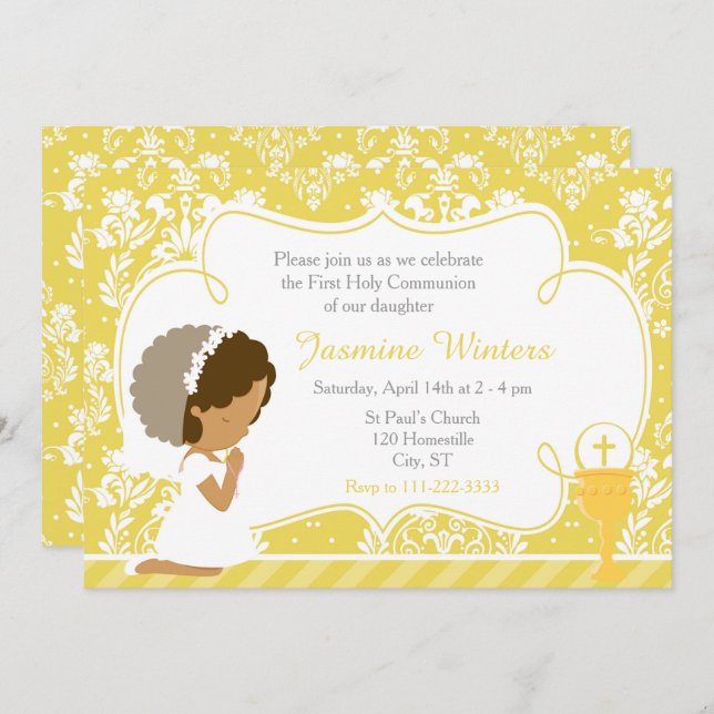 African American Girl First Communion Gold Damask Invitation (Front/Back)