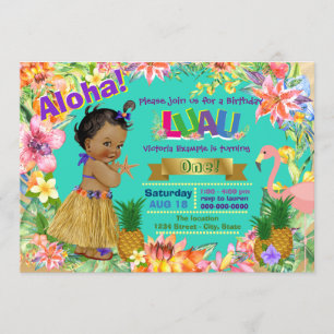 African American Girl Hawaiian Luau Birthday Party Invitation