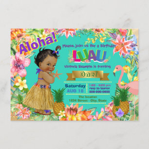 African American Girl Hawaiian Luau Birthday Party Invitation