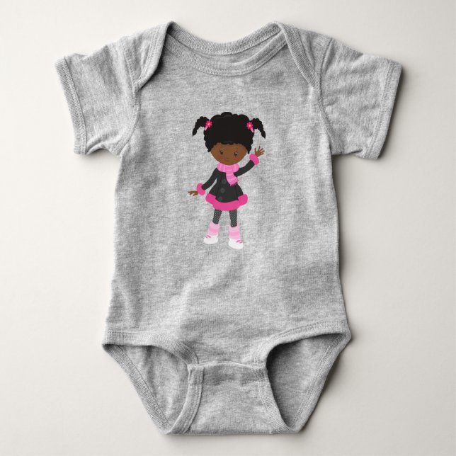 African American Girl, Ice Skating Girl, Cute Girl Baby Bodysuit (Front)
