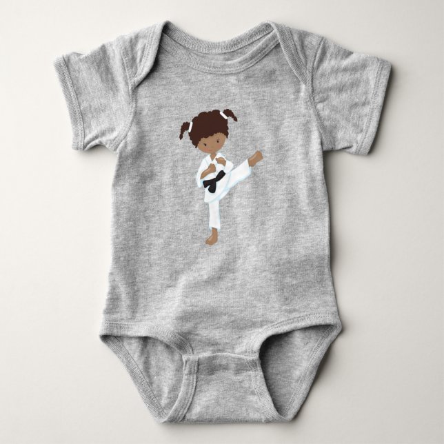 African American Girl, Karate Girl, Black Belt Baby Bodysuit (Front)
