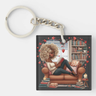 African American Girl Love Book - Reading Lovers Key Ring
