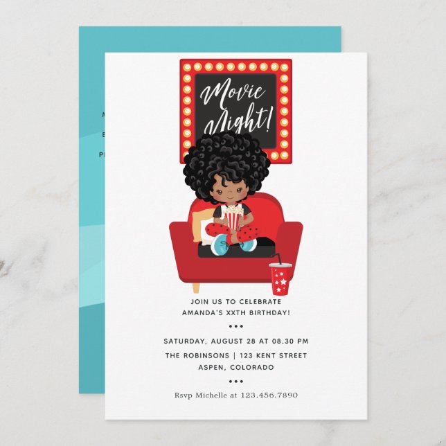 African American Girl Movie Night Sleepover Party Invitation (Front/Back)