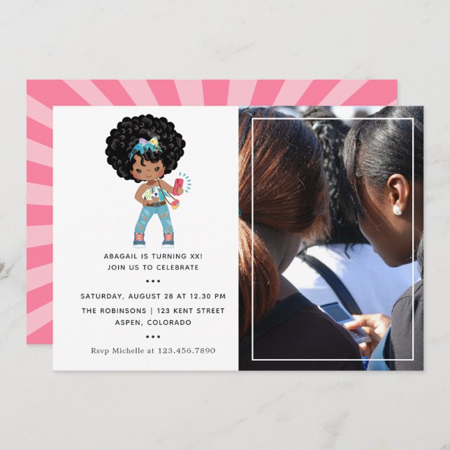 African American Girl Photo Booth Selfie Birthday Invitation (Front/Back)