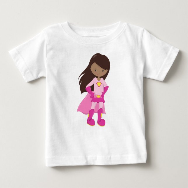 African American Girl, Pink Cape, Superhero Girl Baby T-Shirt (Front)