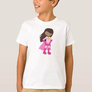 African American Girl, Pink Cape, Superhero Girl T-Shirt