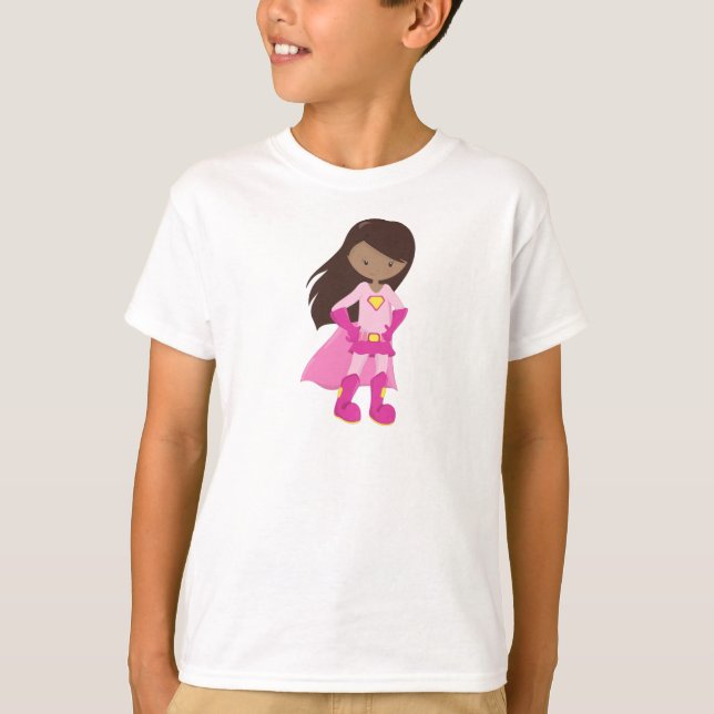 African American Girl, Pink Cape, Superhero Girl T-Shirt (Front)