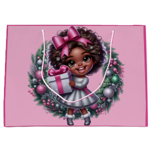 African American Girl Pink & Silver Holiday Large Gift Bag
