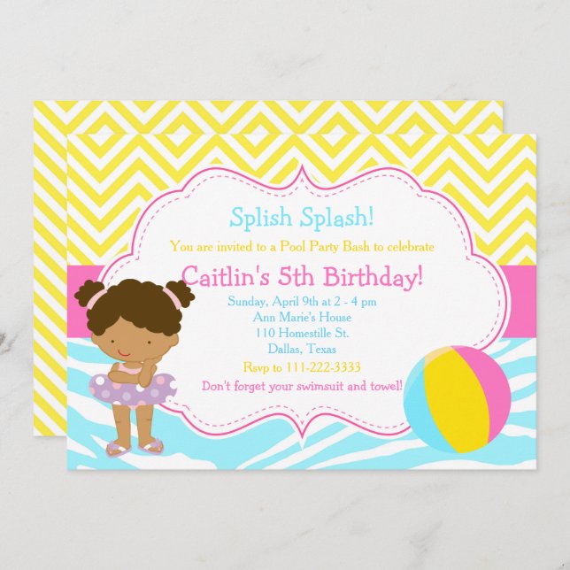 African American Girl Pool Party Bash Party Invitation (Front/Back)