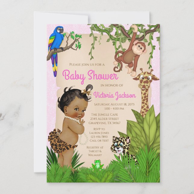 African American Girl Safari Animal Baby Shower Invitation (Front)