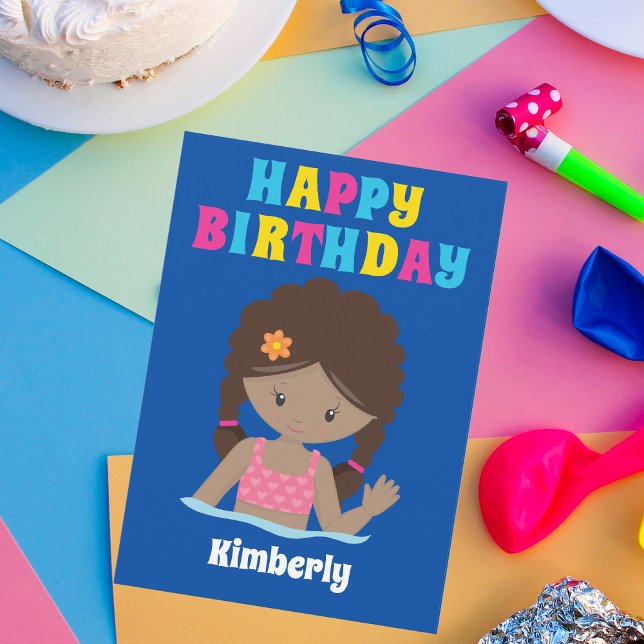 African American Girl Summer Pool Party Birthday Card (Creator Uploaded)