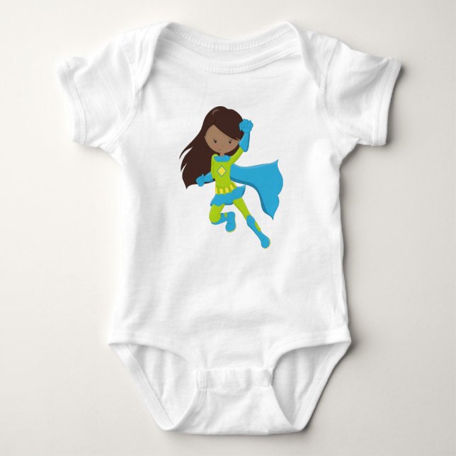 African American Girl, Superhero Girl, Blue Cape Baby Bodysuit (Front)