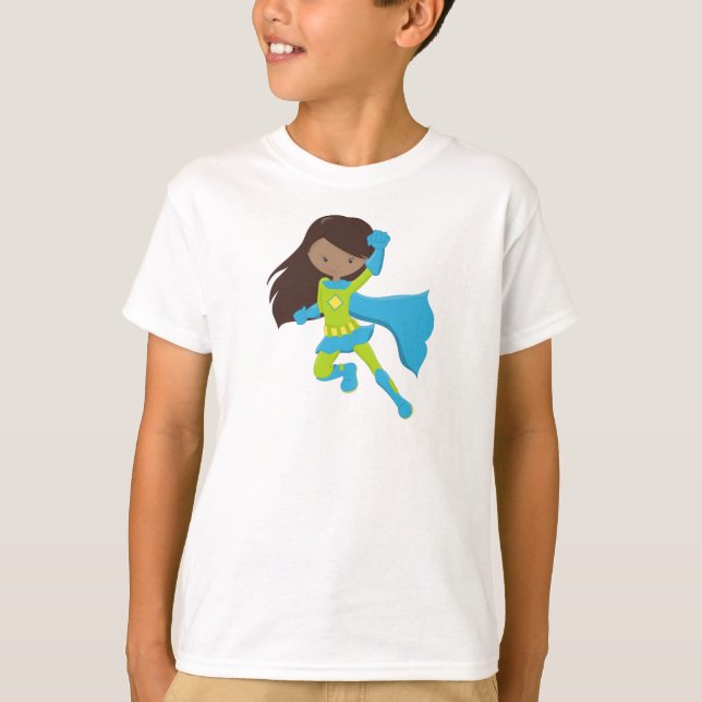 African American Girl, Superhero Girl, Blue Cape T-Shirt (Front)