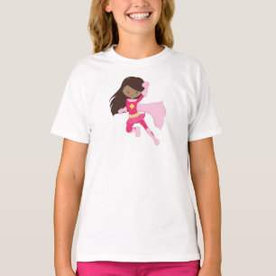 African American Girl, Superhero Girl, Pink Cape T-Shirt