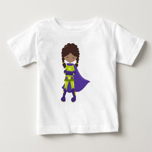 African American Girl, Superhero Girl, Purple Cape Baby T-Shirt (Front)