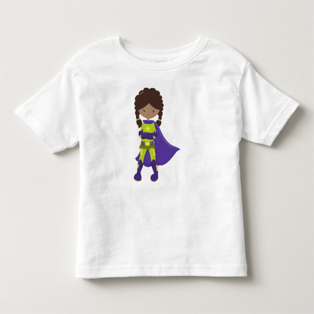 African American Girl, Superhero Girl, Purple Cape Toddler T-Shirt (Front)