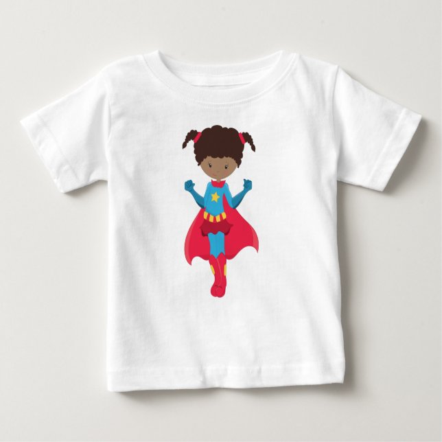 African American Girl, Superhero Girl, Red Cape Baby T-Shirt (Front)