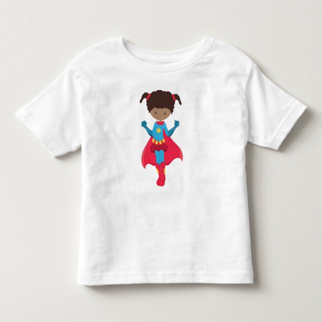 African American Girl, Superhero Girl, Red Cape Toddler T-Shirt (Front)