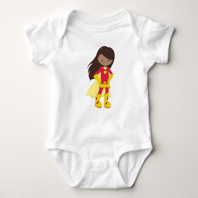 African American Girl, Superhero Girl, Red Costume Baby Bodysuit (Front)