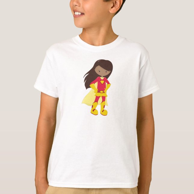 African American Girl, Superhero Girl, Red Costume T-Shirt (Front)