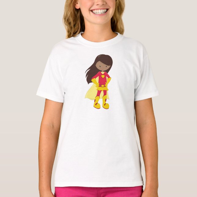 African American Girl, Superhero Girl, Red Costume T-Shirt (Front)