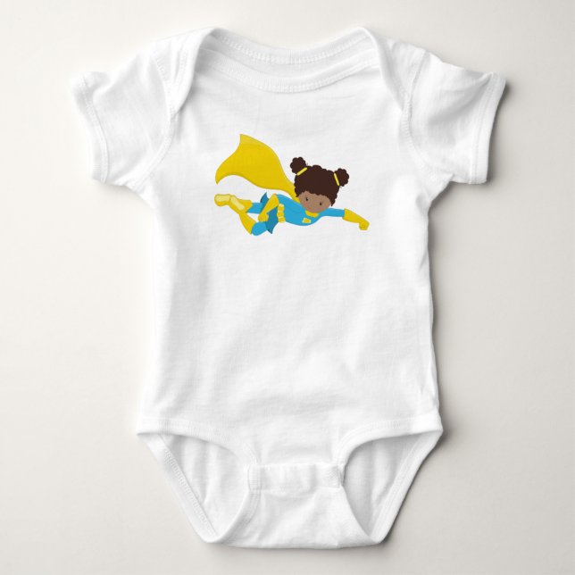 African American Girl, Superhero Girl, Yellow Cape Baby Bodysuit (Front)