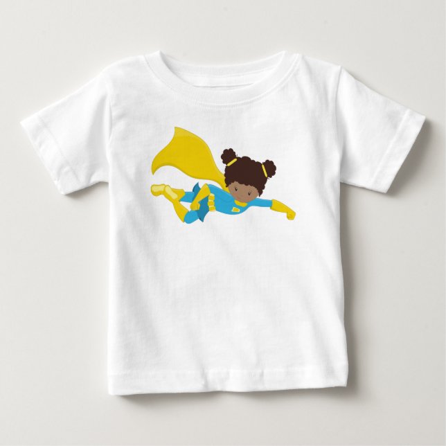 African American Girl, Superhero Girl, Yellow Cape Baby T-Shirt (Front)