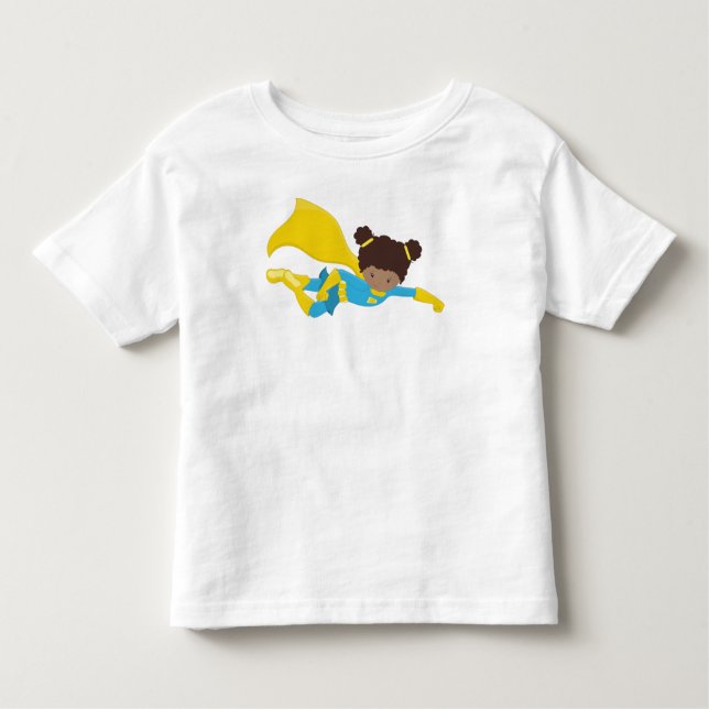 African American Girl, Superhero Girl, Yellow Cape Toddler T-Shirt (Front)