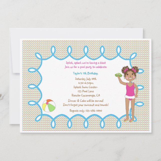 African American Girl Swim Party Invitation (Front)