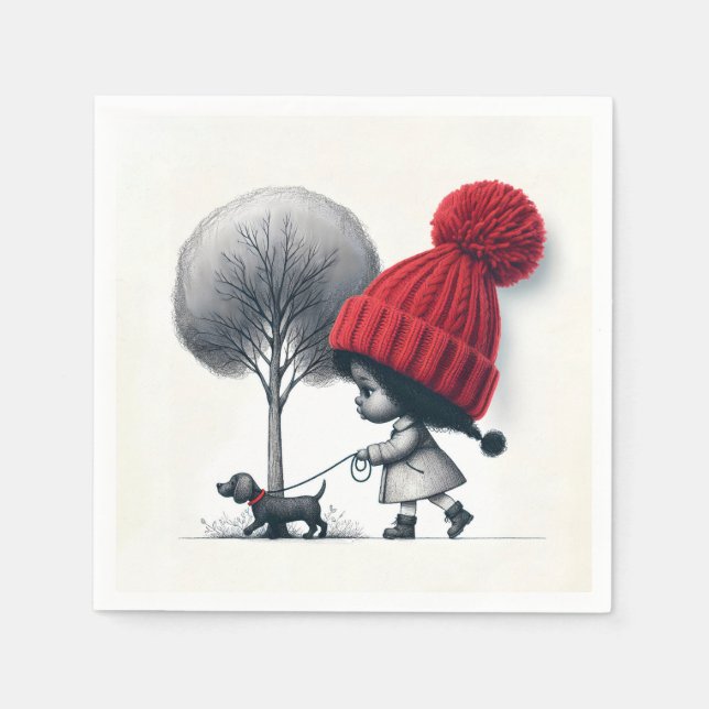 African-American Girl Walking Her Dog Napkin (Front)