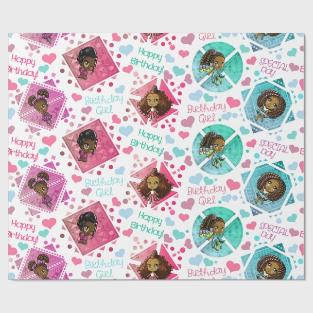 African American Girls Birthday Wrapping Paper (Flat)