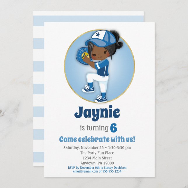 African American Girls Blue Softball Birthday Invitation (Front/Back)