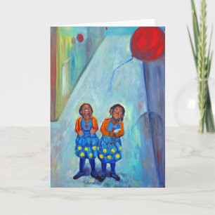 african american girls twins children balloons art card