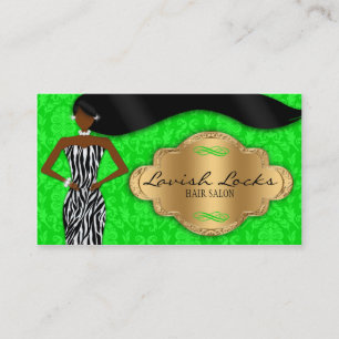 African American Hair Stylist Green Gold Zebra Business Card