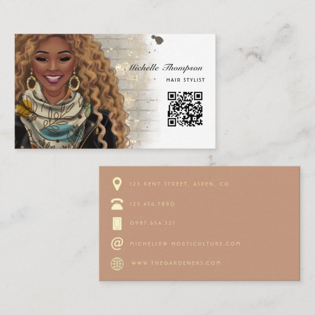 African American Hair Stylist QR Code Business Card (Front/Back)