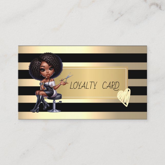 African American Hairdresser Stripes,Gold Hearts  Loyalty Card (Front)