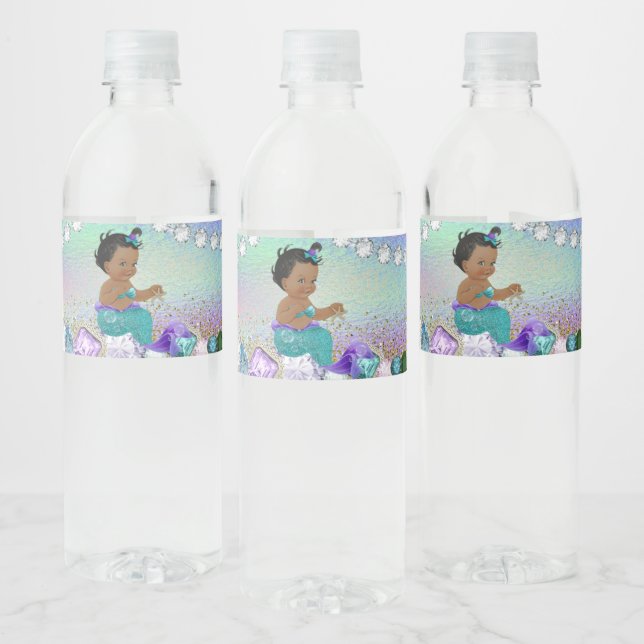 African American Jewel Mermaid Baby Shower Water Bottle Label (Bottles)