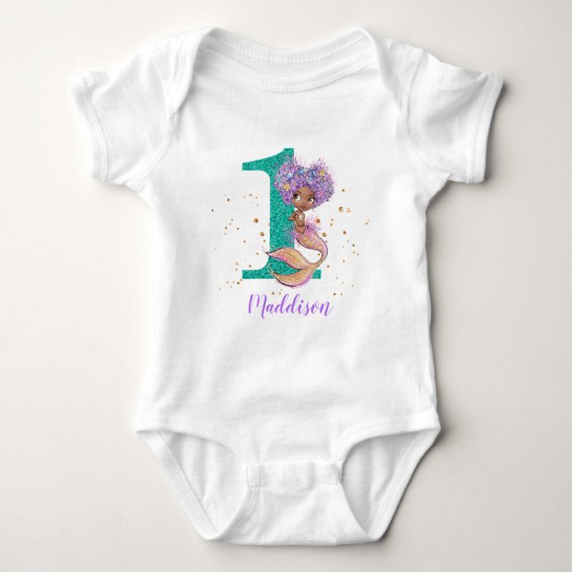African American Mermaid 1st Birthday Baby Bodysui Bodysuit (Front)