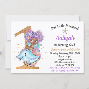 African American Mermaid 1st Birthday Invitation