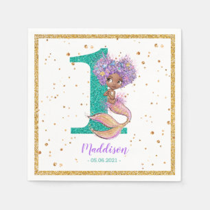 African American Mermaid 1st Birthday Napkins