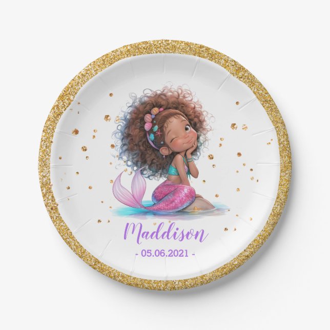 African American Mermaid 1st Birthday Paper Plate (Front)