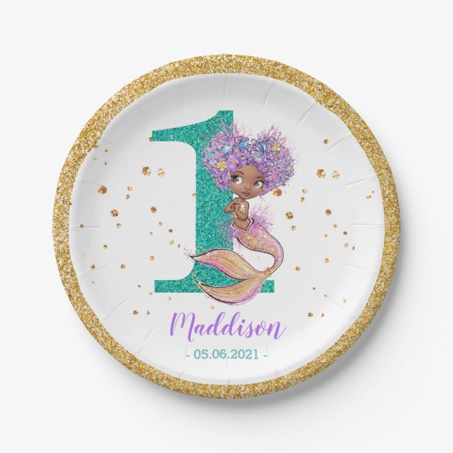 African American Mermaid 1st Birthday Paper Plate (Front)