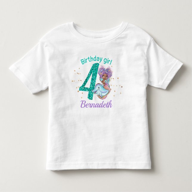 African American Mermaid 4th Birthday T-Shirt (Front)