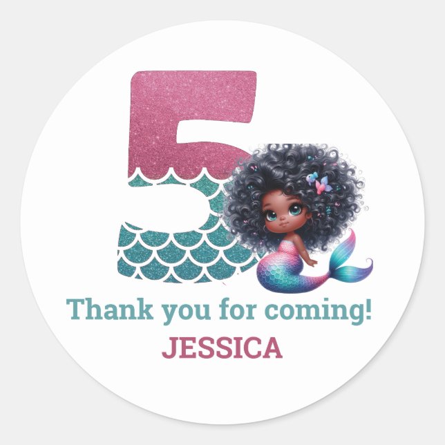 African American Mermaid 5Th Birthday Photo Classic Round Sticker (Front)