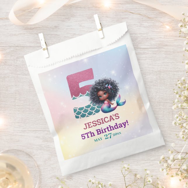 African American Mermaid 5Th Birthday Photo Favour Bag (Clipped)