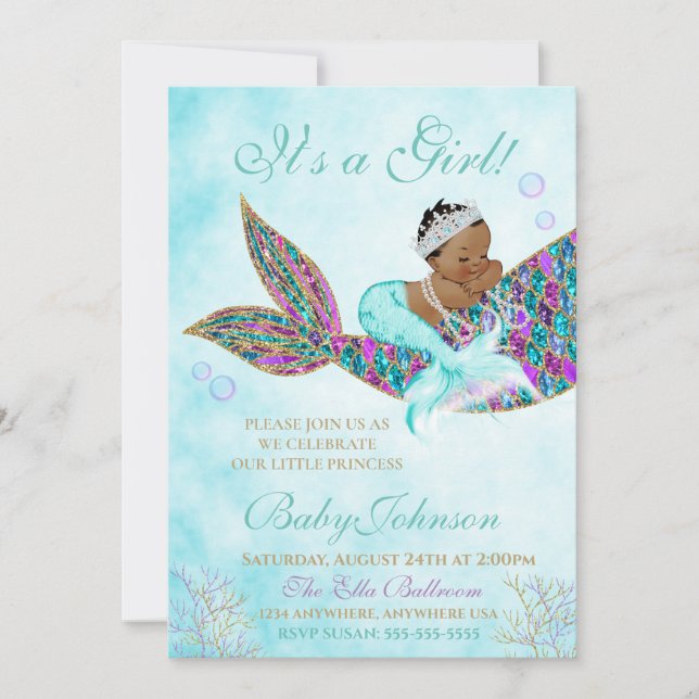 African American Mermaid Baby SHower Glitter Tail Invitation (Front)