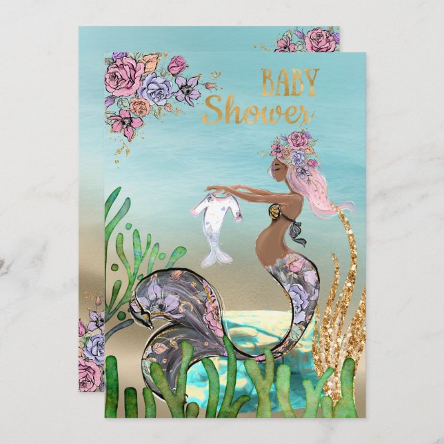 African American Mermaid Baby Shower Invitation (Front/Back)