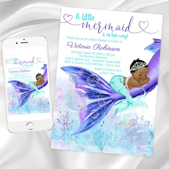 African American Mermaid Baby Shower Invitation (Mermaid baby shower invitation with cute mermaid. Instant download and printed invitations available)